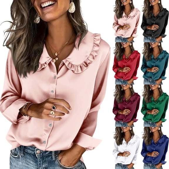 Womens Silk Satin Tops Ruffle Lapel Collar Button Down Shirts Casual Long Sleeve Business Dressy Luxury Clothes,Pink S