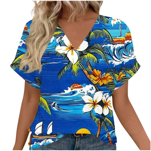 Fewfanhot Womens Clothing Soft Summer Hawaii Tshirts Beach Print V Neck Button up Tops Floral Short Sleeve Tops