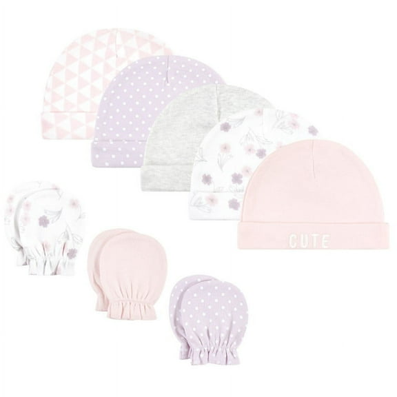 Hudson Baby Infant Girl Cotton Cap and Scratch Mitten Set, Lavender Floral, 0-6 Months