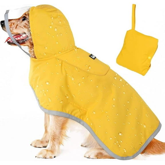 Dog Raincoat, Waterproof, Clear Hooded, Double Layer, Reflective Rim, Storage Pocket, Yellow, M