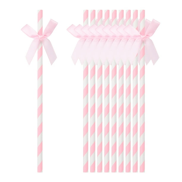40Pack Popotes de Papel a Rayas con Lazo, Popotes Desechables, Rosa