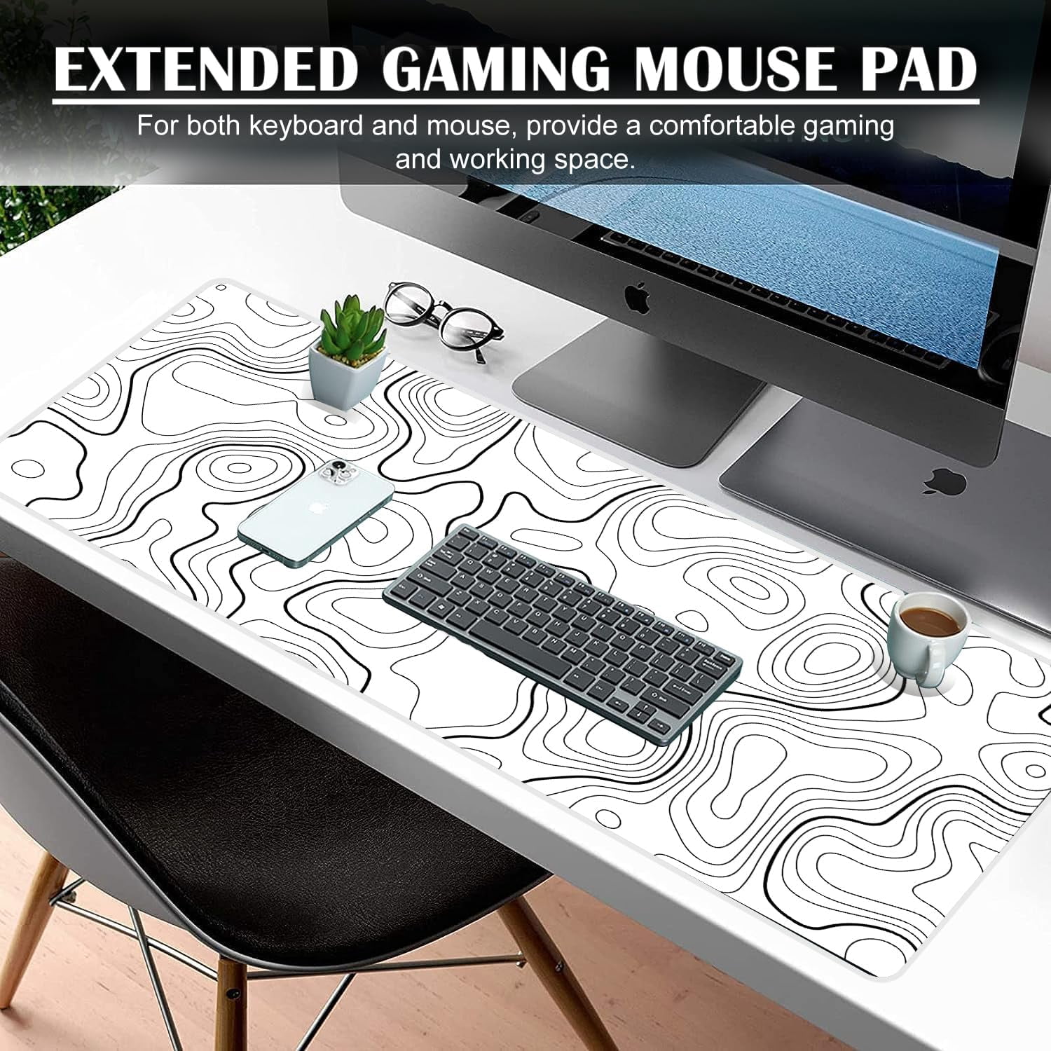 Extra Large Gaming Mouse Pad 35.4 x 15.7 Inch, Extended Mousepad with Stitched Edges, Smooth Cloth Surface, Non-Slip Rubber Base, Waterproof Desk Pad for Keyboard and Mouse, Topographic White