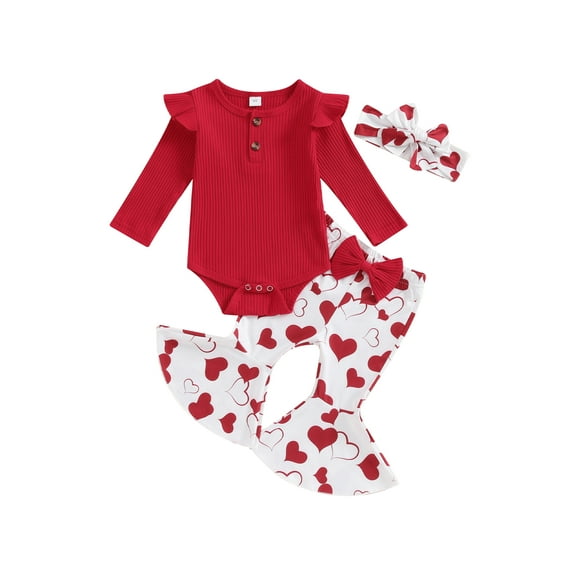 Hirigin Newborn Baby Girl Valentine’s Day Outfits Long Sleeve Ribbed Romper Heart Flare Pants Headband 3 6 12 18 Months Cute Clothes Set