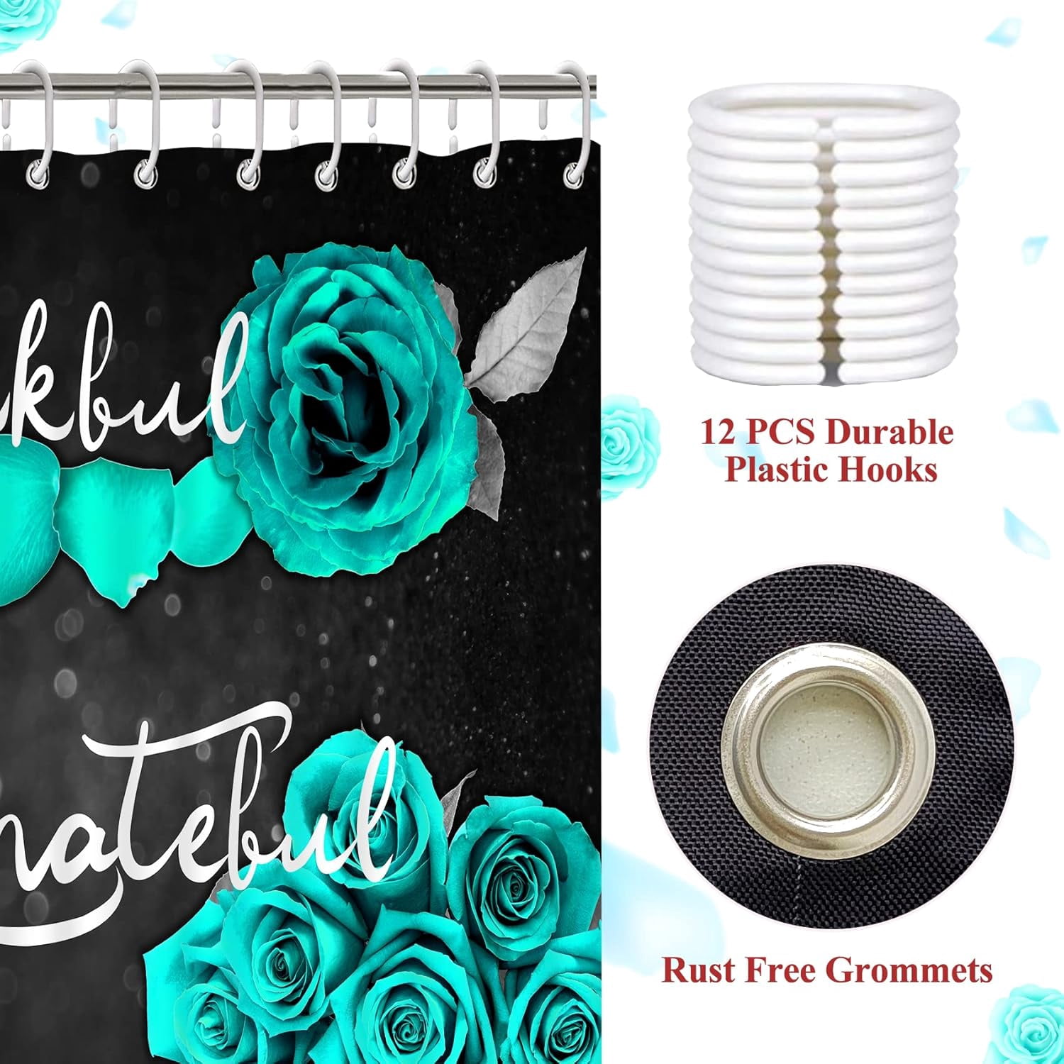 Teal Rose Shower Curtain Set, Thankful Grateful Blessed Turquoise Bathtub Curtain with Non-Slip Rug, Toilet Lid Cover, Bath Mat and 12 Hooks, Romantic Green Floral Bathroom Decor