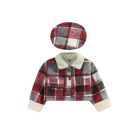 

Bmnmsl Kids Winter Plaid Jacket Warm Button Down Jackets Beret Hat