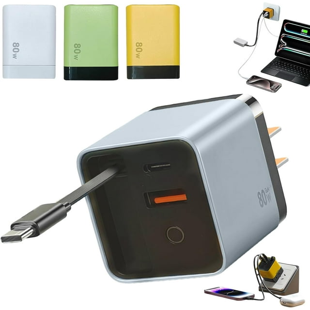 Chargeur 3 en 1, Module de Charge Rapide Max Extensible 80 W, Chargeur à Prise Murale Rétractable avec Câble Type‐C et 2 Ports USB pour Téléphones, Tablettes (Blanc)