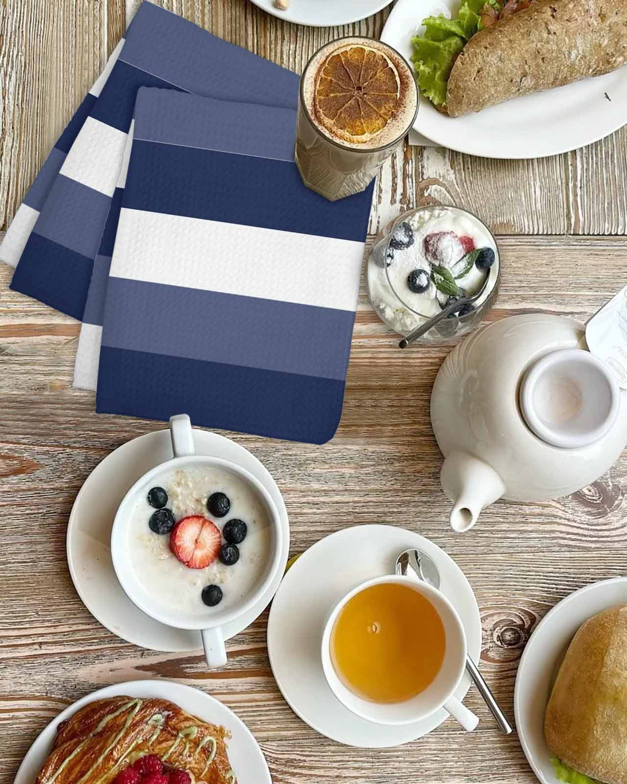Navy Blue White Striped Hand Towels Set, Waffle Weave Kitchen Towels 4 Pieces, Farmhouse Stripes Microfiber Hair Face Bath Tea Towel Absorbent Quick Drying Cleaning Dish Cloths, 15.7"x23.6"