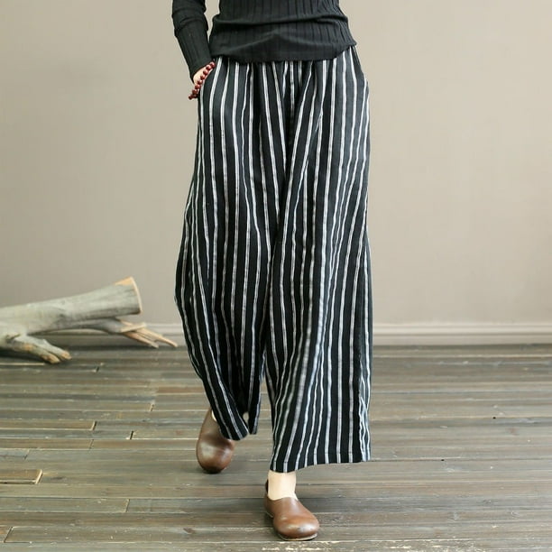 Women Trendy Striped Wide Leg Pants Cotton Linen Loose Large Size