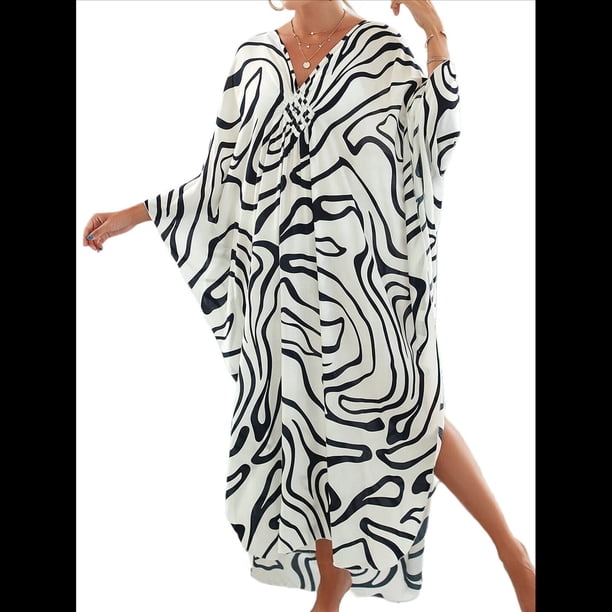 Vestido Caftán con Estampado Animal para Mujer, Talla Grande, para Playa, Verano 2025 y Negro Talla Única