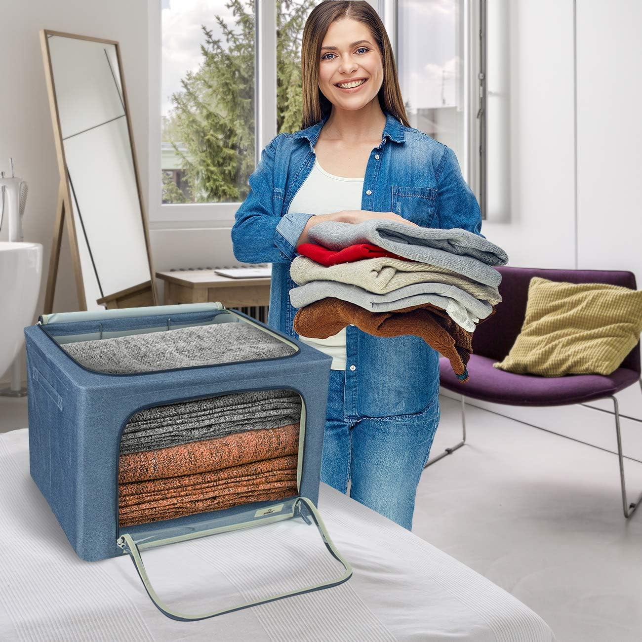 Sorbus Large Foldable Storage Bin with Metal Frame – Stackable Organizer with Handles, Blue