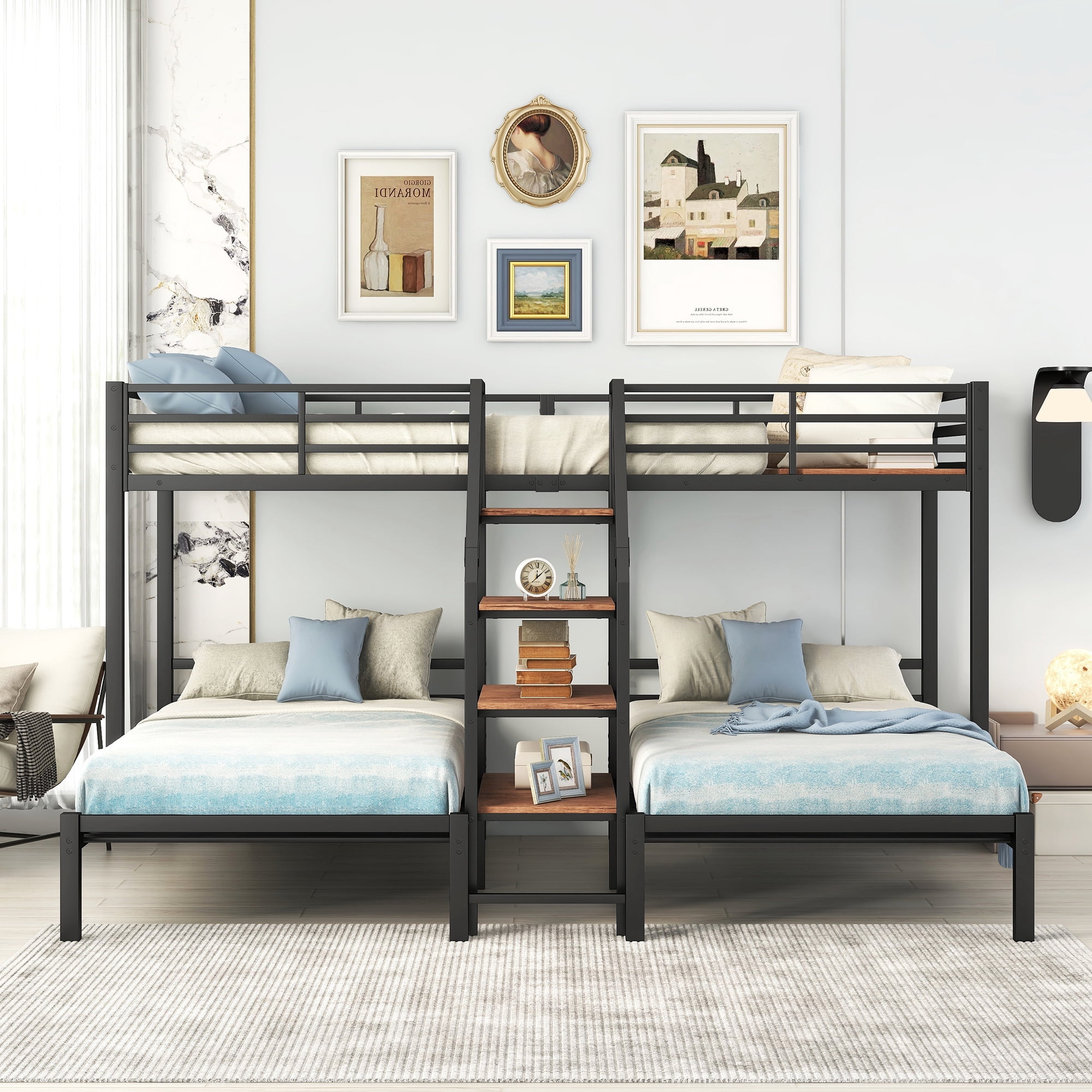 Twin over Twin & Twin Metal Bunk Bed,Triple Bunk Bed 3 Beds Bunk Bed with Storage Shelves Staircase,Black