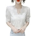thumbnail image 2 of Olyvenn Women's Embroidered Puff Sleeve Casual Hollow Short Sleeve Shirt V-Neck Flowing Shirt Elegant Lace Tops White M, 2 of 5