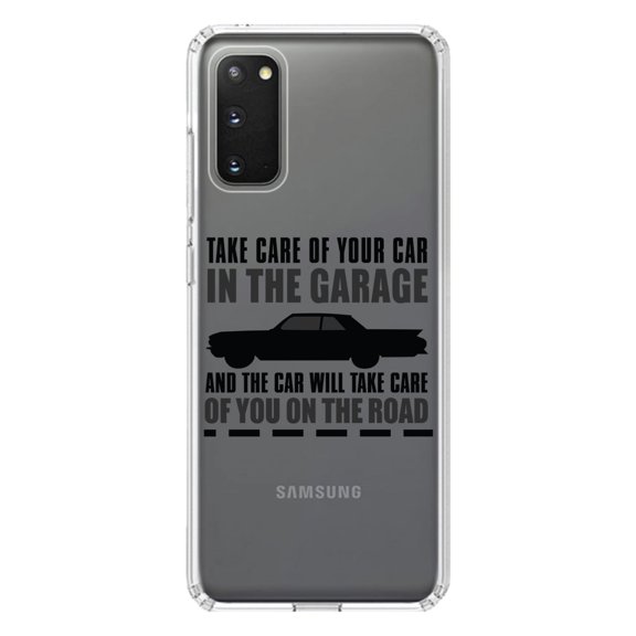 DistinctInk Clear Shockproof Hybrid Case for Galaxy S20 / S20 5G (6.2" Screen) - TPU Bumper Acrylic Back Tempered Glass Screen Protector - Take Care of the Car, Car Take Care of the Road