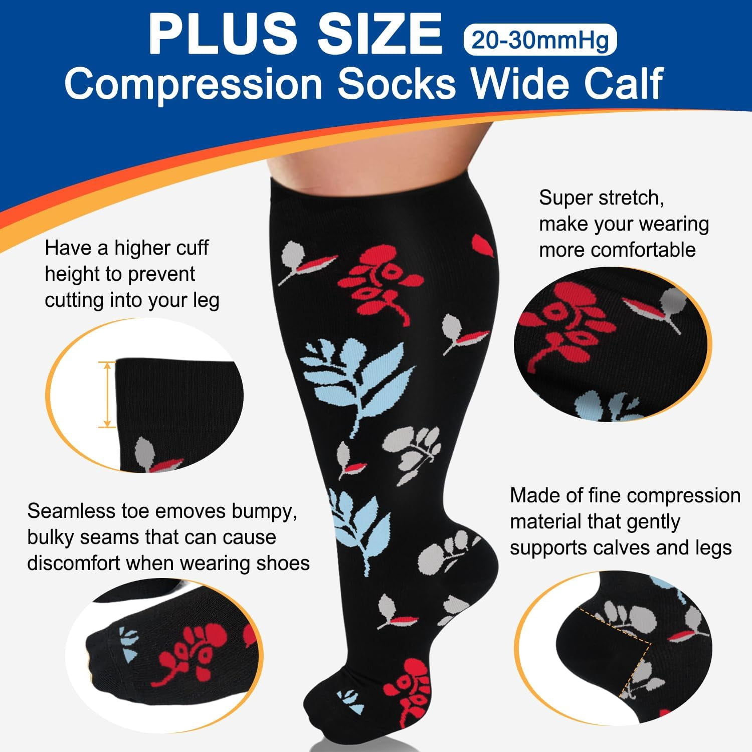 4 Pairs Wide Calf Compression Socks for Women Men Circulation  Plus Size Knee High Support Stockings for Circulation , Nurses , Running ,4XL