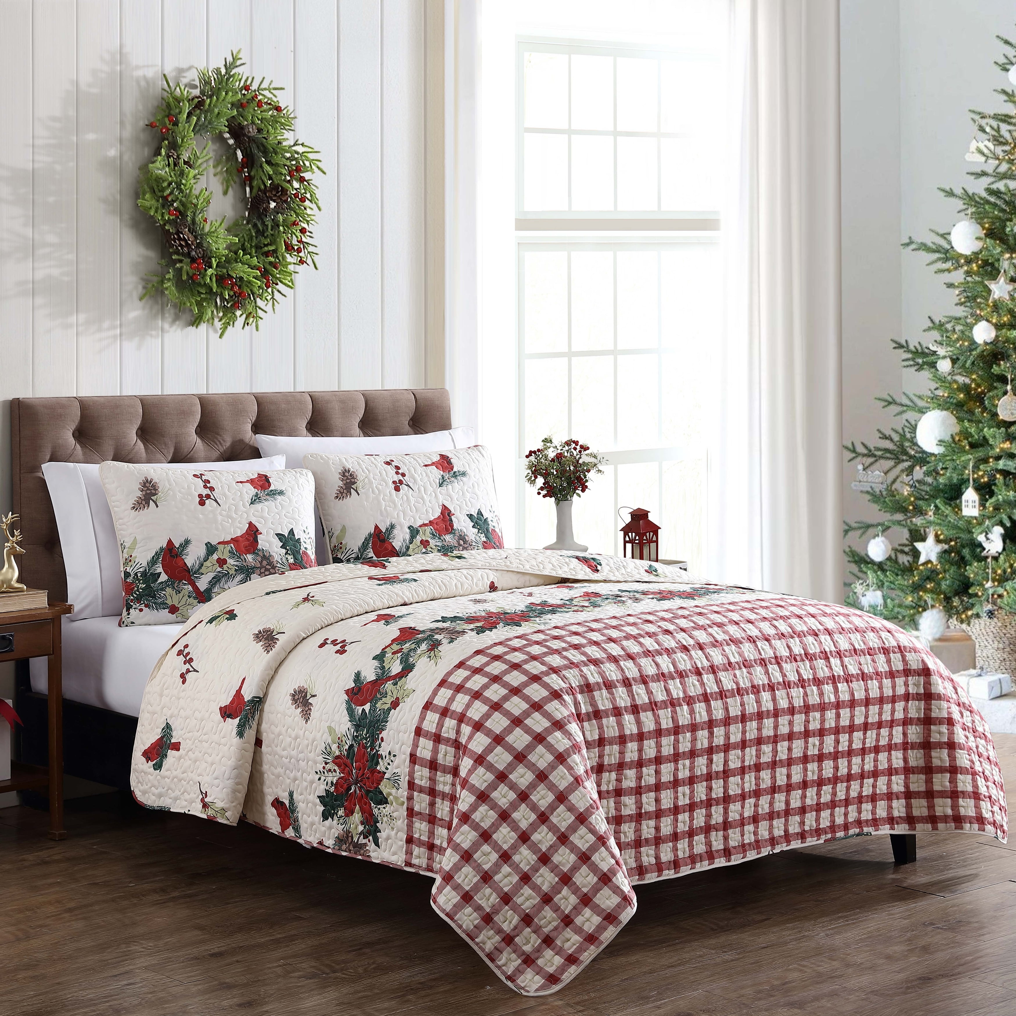 Beatrice Home Fashions, Holiday 3PC Quilt Set, King, Cardinal Garland