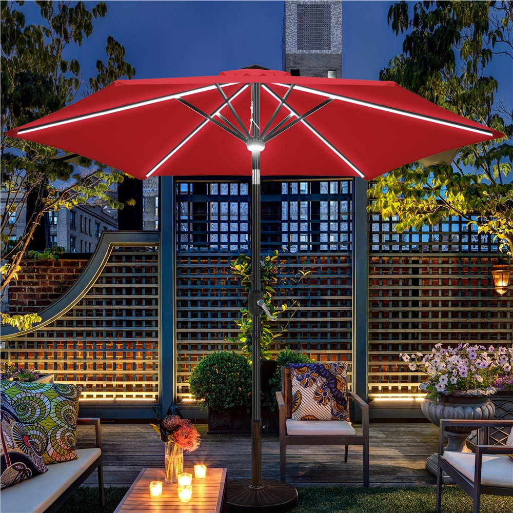Renwick 9Ft Outdoor Patio Umbrella with Solar Powered LED Lights Strips, Red
