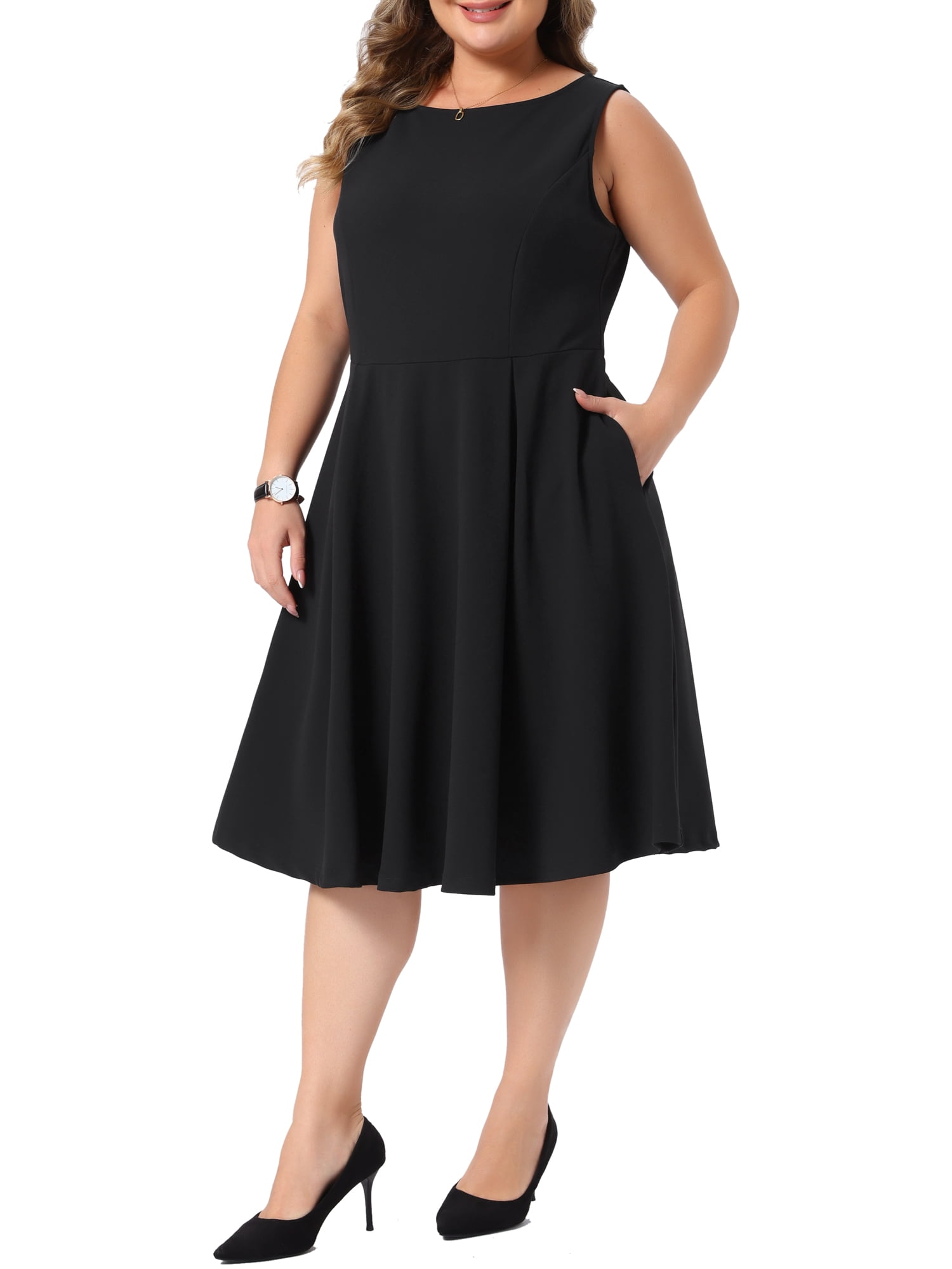 DARING DIVA Women's Plus Work Sleeveless Boat Neck A-Line Pockets Dress 3X Black