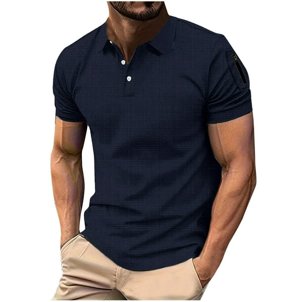 pstuiky camisetas de hombre, Blusa informal de manga corta con cuello vuelto, botones, bolsillos y cremallera de color liso para hombre camisetas de hombre l
