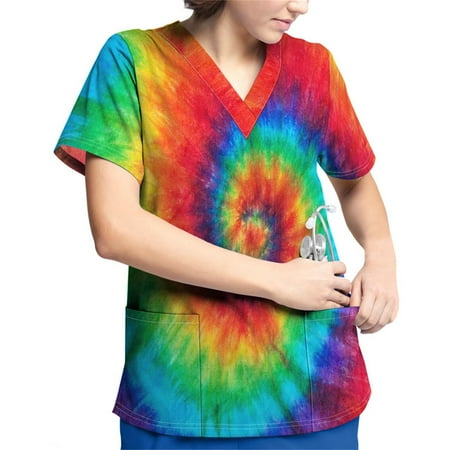 

HHei_K Plus Size Printed Scrub Working Uniform Tops For Women V-Neck Short Sleeve T-Shirts Workwear Tee With Pockets