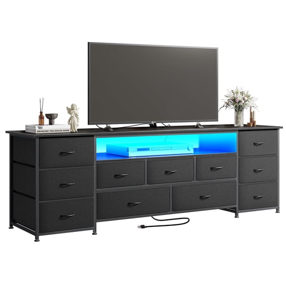 Amadwell Large TV Stand for 75, 80 Inch TVs, 11 Drawer Long Dresser with Power Outlets & LED Lights, 70 inch Entertainment Center