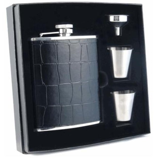 Beau Monde Crocodile Leather 6oz Deluxe Flask Gift Set
