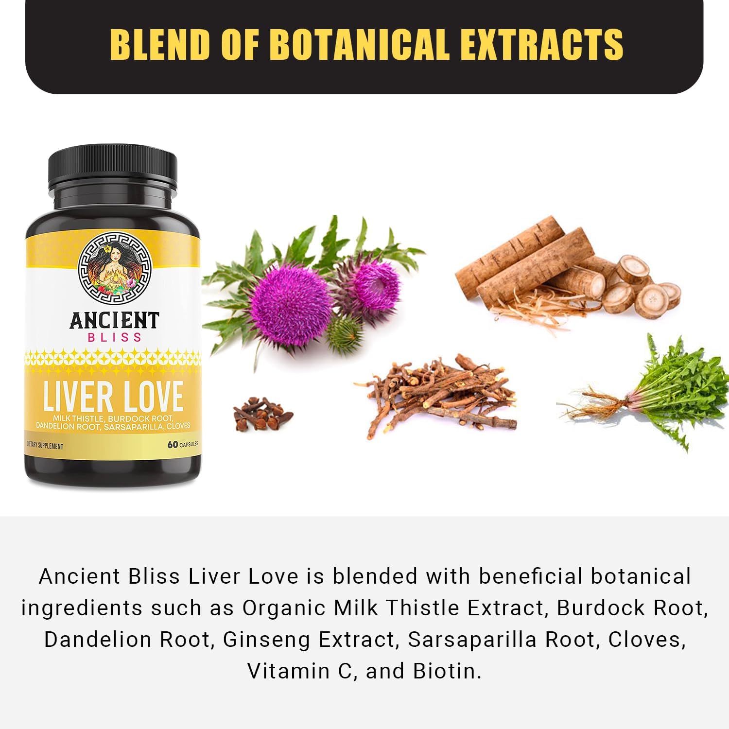 Ancient Bliss Liver Love - Natural Milk Thistle Liver Detox and Liver Health Cleanse Supplement - Support Healthy Liver in Men and Women,60 Capsules - with Burdock, Dandelion.