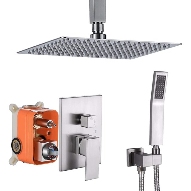 American Imaginations Wall Mount Stainless Steel Shower Kit in brushed nickel color featuring a 7.87-inch wide square rain shower head, a wall-mounted single-handle valve with hot and cold controls, and a handheld shower wand with flexible hose, suitable for bathroom renovation and DIY installation.