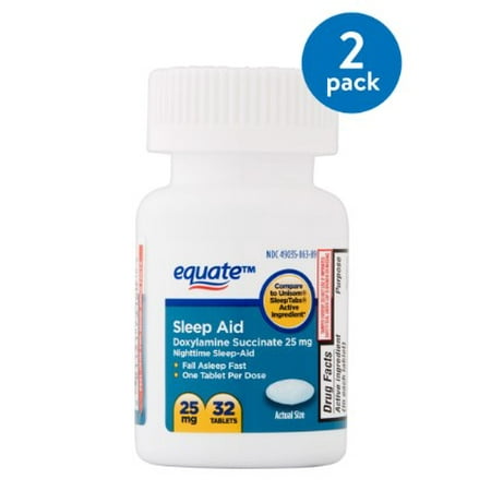 (2 Pack) Equate Sleep Aid Doxylamine Succinate Tablets, 25 mg, 32 (Best Sleeping Tablets For Insomnia)