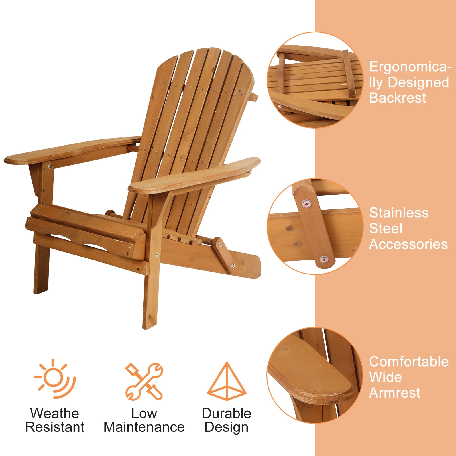 NiamVelo Outdoor Adirondack Chair, Folding Wood Durable Patio Lawn Chair Weather Resistant for Patio Deck Garden, Natural