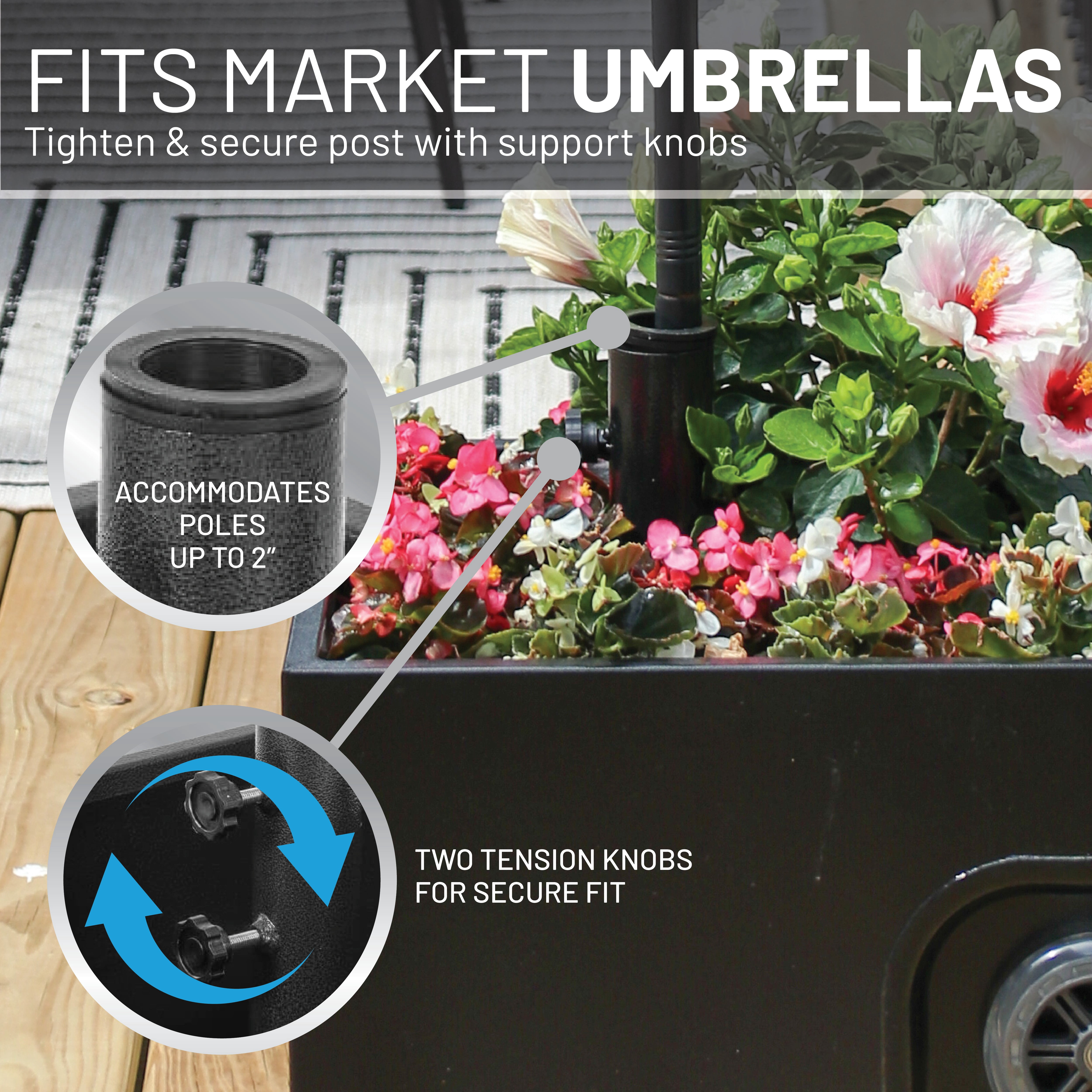 US Weight Decorative Planter Box Umbrella Base - Umbrella Stand with Wheels -  Powder-Coat Black