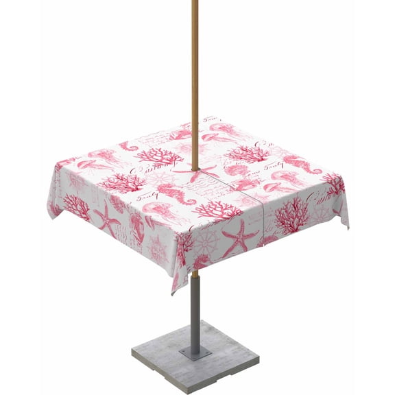 Fsddascl Pink Ocean Coastal Outdoor Tablecloth - 60x60 Inch Square Dining Table Cover, Nautical Starfish Jellyfish Coral Waterproof Outdoor Table Cloth with Umbrella Hole & Zipper for Picnic/Patio