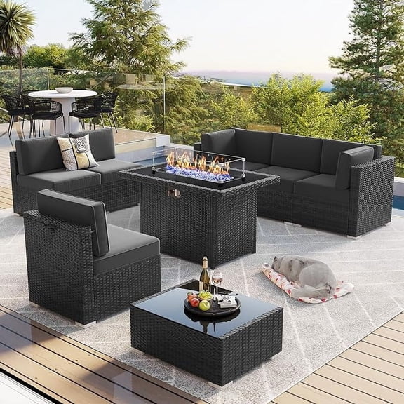 LayinSun 8 Piece Patio Furniture Set with 44" Propane Gas Fire Pit Table, Outdoor Sectional Conversation Set Wicker Rattan Sofa Set with Coffee Table