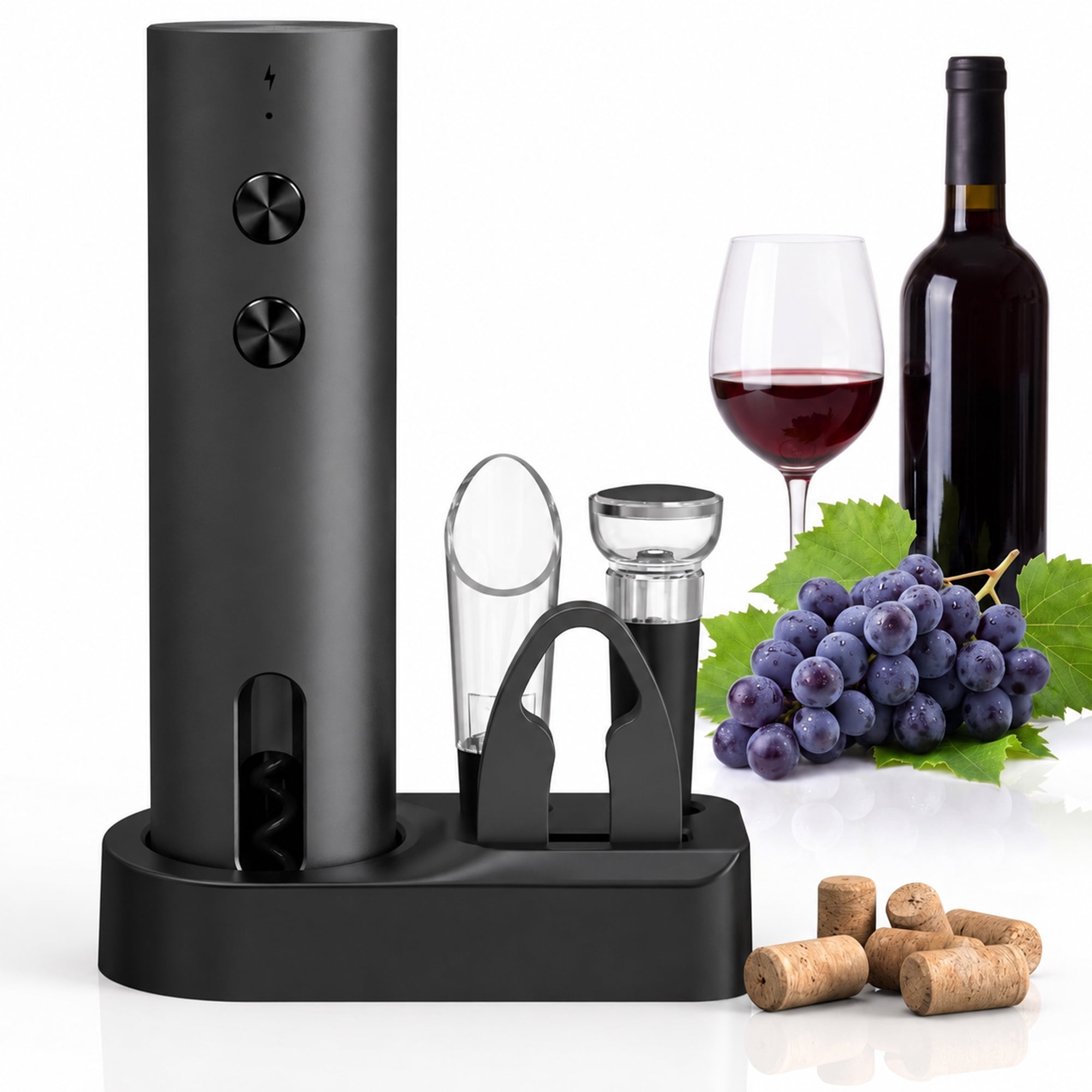 M Buder Electric Wine Opener, Automatic Wine Bottle Opener Set with Foil Cutter Vacuum Stopper and Storage Base, Cordless Automatic Corkscrew for Kitchen and Parties