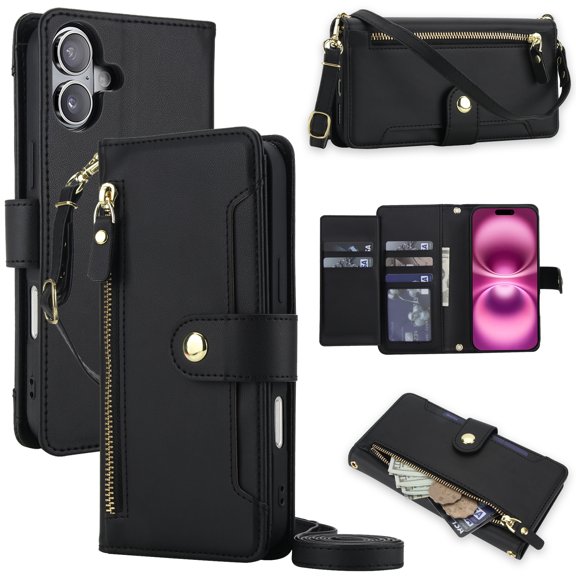 Designed For iPhone 16 Wallet Case,With Shoulder Strap Wrist Strap,PU Leather Flip Folding Kickstand,Card Slots,Zipper Pocket,Shockproof Anti-fall Crossbody Wallet Case,Black