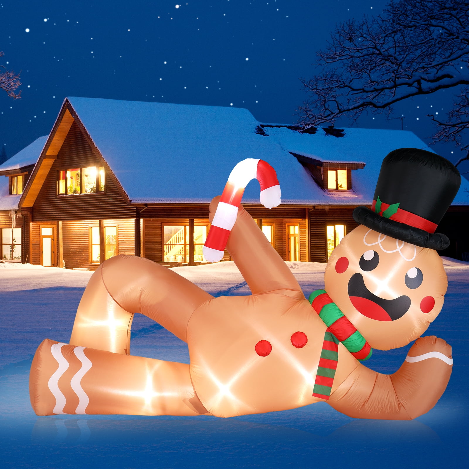 9.8ft Reclining Gingerbread Man, 6 LED Lights, Drawstring Bag, Christmas Inflatable Decoration, 12V, 1500mA, US Standard