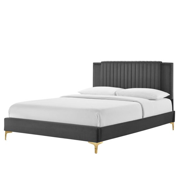 Platform Bed Frame, Tufted, Rivet Nailhead, Dark Grey Gray, Velvet, Mid Century Bedroom, Modern Contemporary Boutique HB35545