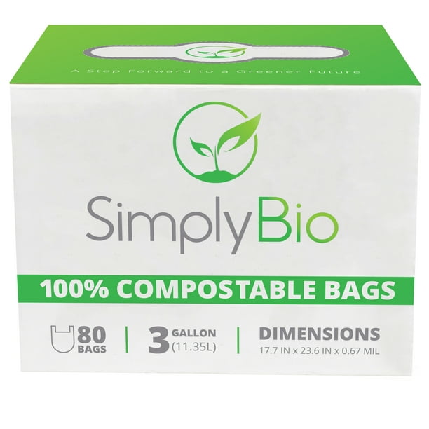 Simply Bio 3 Gallon Compostable Handle Tie Kitchen Garbage Bags, 80