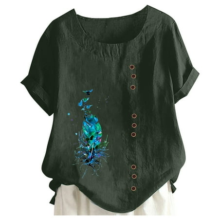 

Women s Printed Round Neck Raglan Sleeve Hem Slit Loose Short Sleeve Button Decoration Shirt Long Sleeve Scrub Tops Women plus Size Womens plus Size Mesh Top