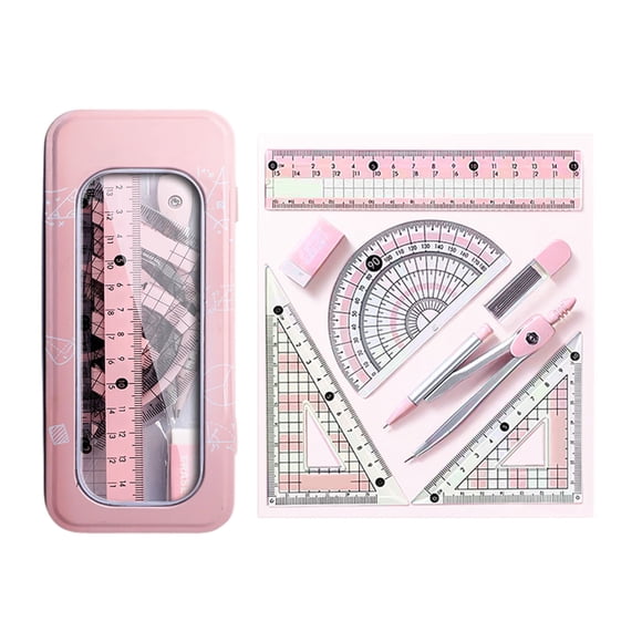 Btomtd Avoid Myopia Math Geometry Kit 8 Piece Student Supplies Set With Shatterproof Storage Box Including Ruler Protractor Eraser Lead Leads Pencils For, Pink