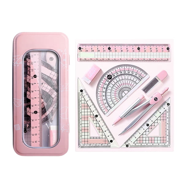 Juego de geometría matemática de 8 piezas con caja de almacenamiento irrompible, incluye regla, transportador, compás y borrador, para aprender, plástico duradero, portátil, práctico para geometría y