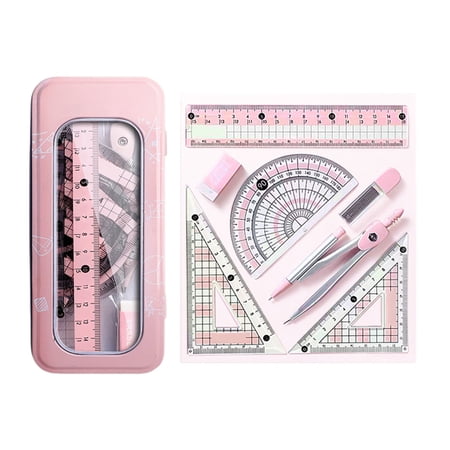 8 Pcs Geometry Set Cute Compass Set with Maths Protractor Rulers Math Set for Drawing Measuring Tools Kawaii Ruler Kit for Class Women Girls School Supplies (Pink)