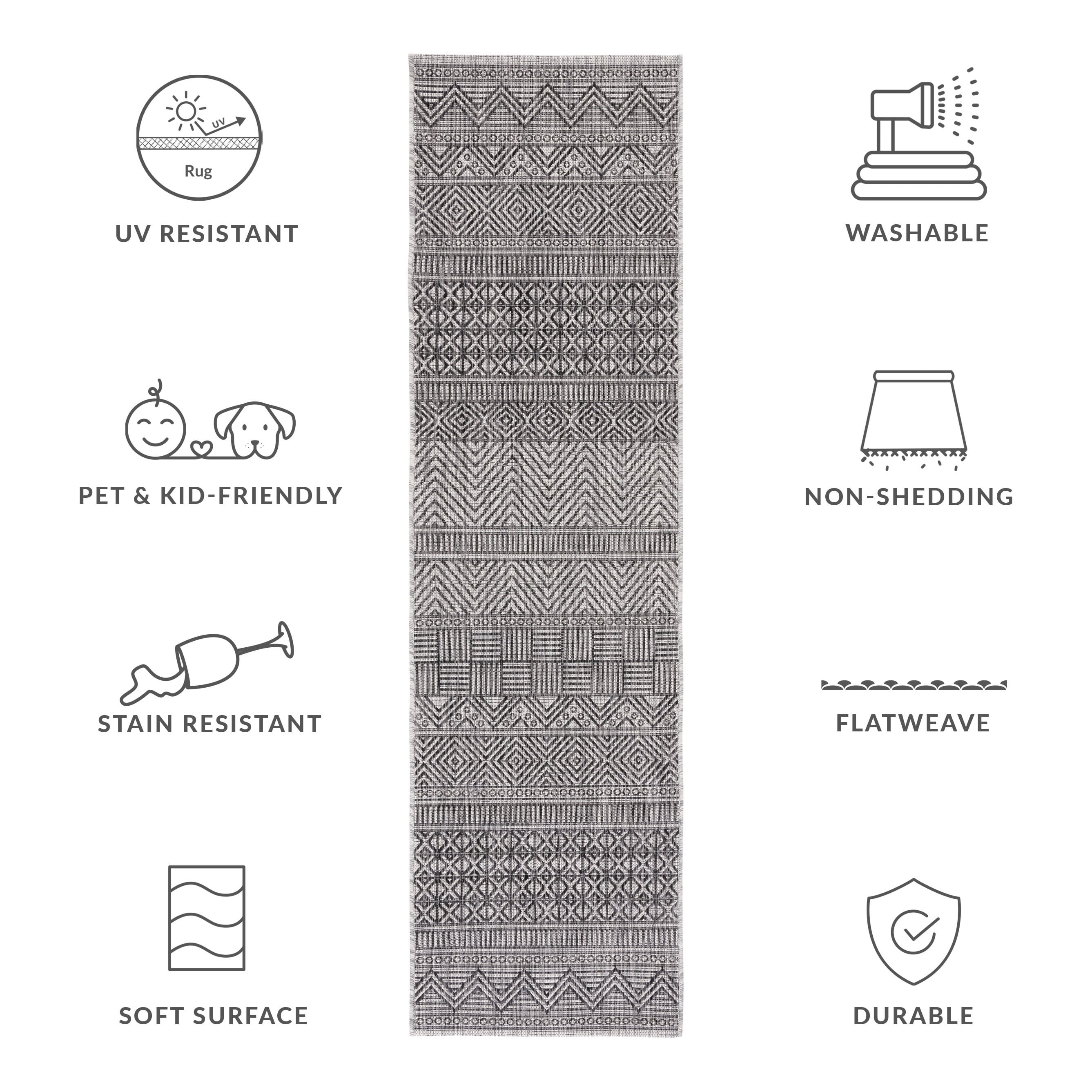 Safavieh Courtyard Altan Geometric Indoor/Outdoor Runner Rug, Black/Gray, 2'3" x 20'