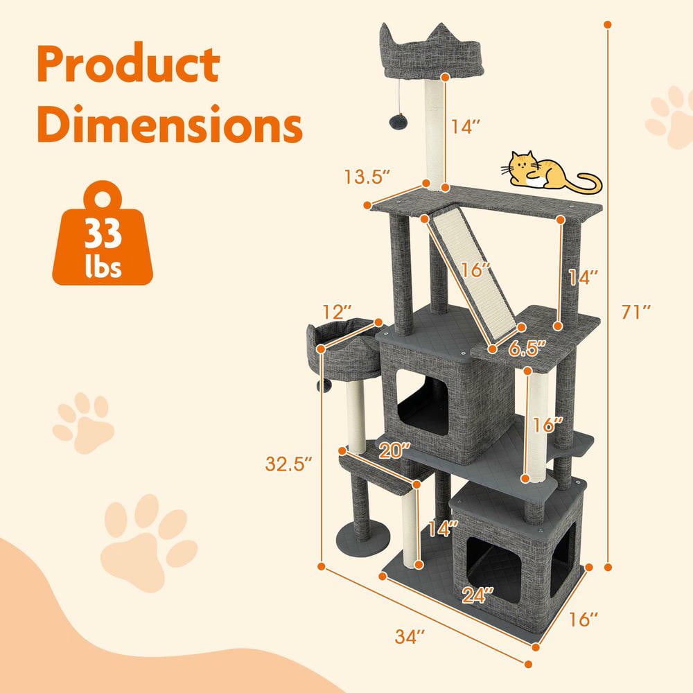Resenkose 71-Inch Tall Multi-Level Large Cat Tree Tower with Sturdy Scratching Posts for Active Feline Play, Grey​