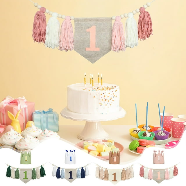 Decoración de la silla alta con borlas del primer cumpleaños – Guirnalda de tela, azul verde rosado marrón, fondo de foto preensamblado, tela duradera, 20x15x5cm, artículos para fiestas