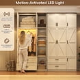 thumbnail image 5 of ANPOO 94''H White Extra Tall Armoire Wardrobe Closet w/ Top Cabinet, 2 Drawers & Storage Shelves, Farmhouse 3 Doors Armoire Wardrobe Closet w/ Barn Door & Sensor Light, LED Wooden Large Armoire, 5 of 10