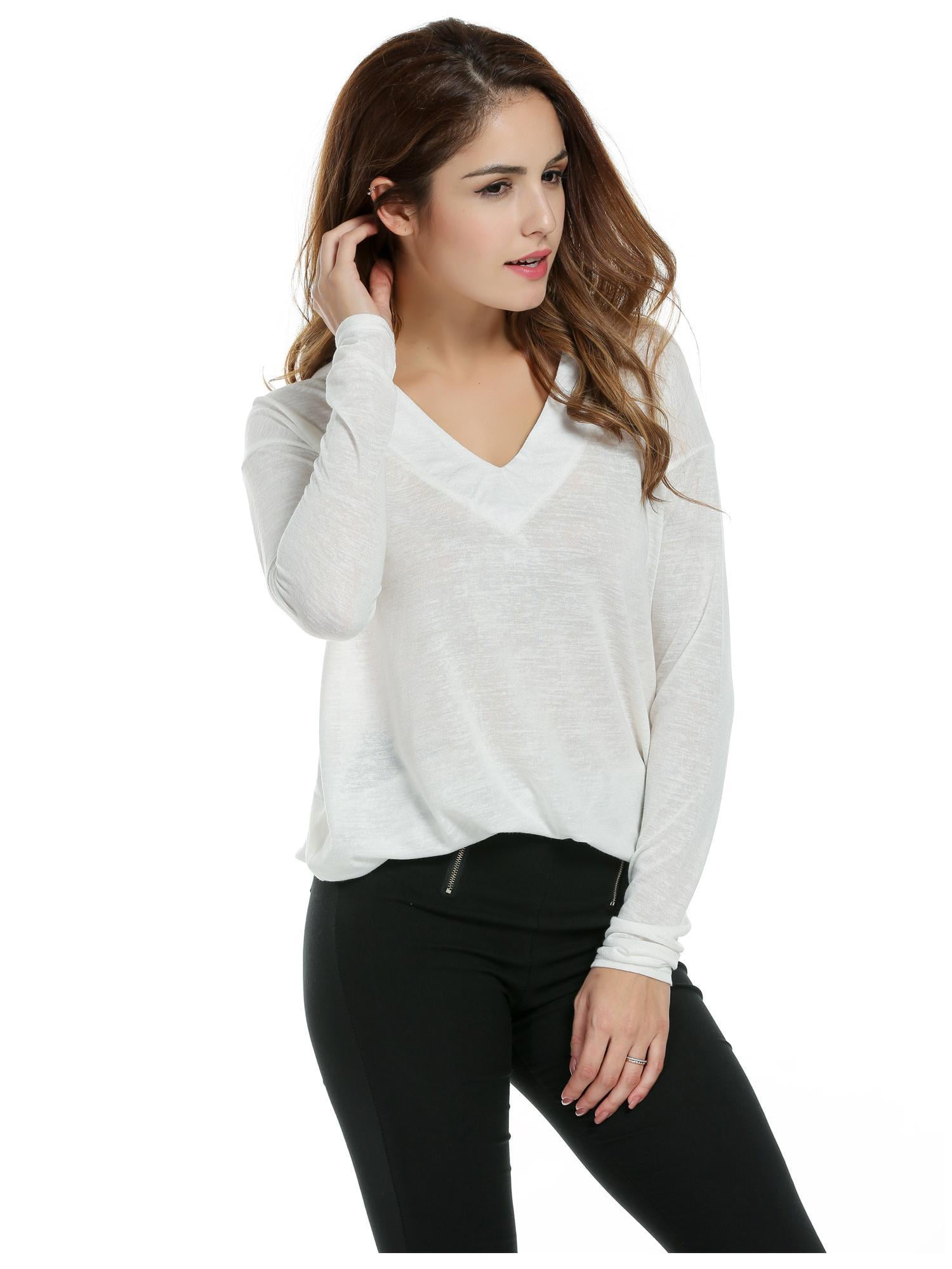 Women Casual VNeck Long Sleeve Thin Plain Loose Fit Sweater HFON