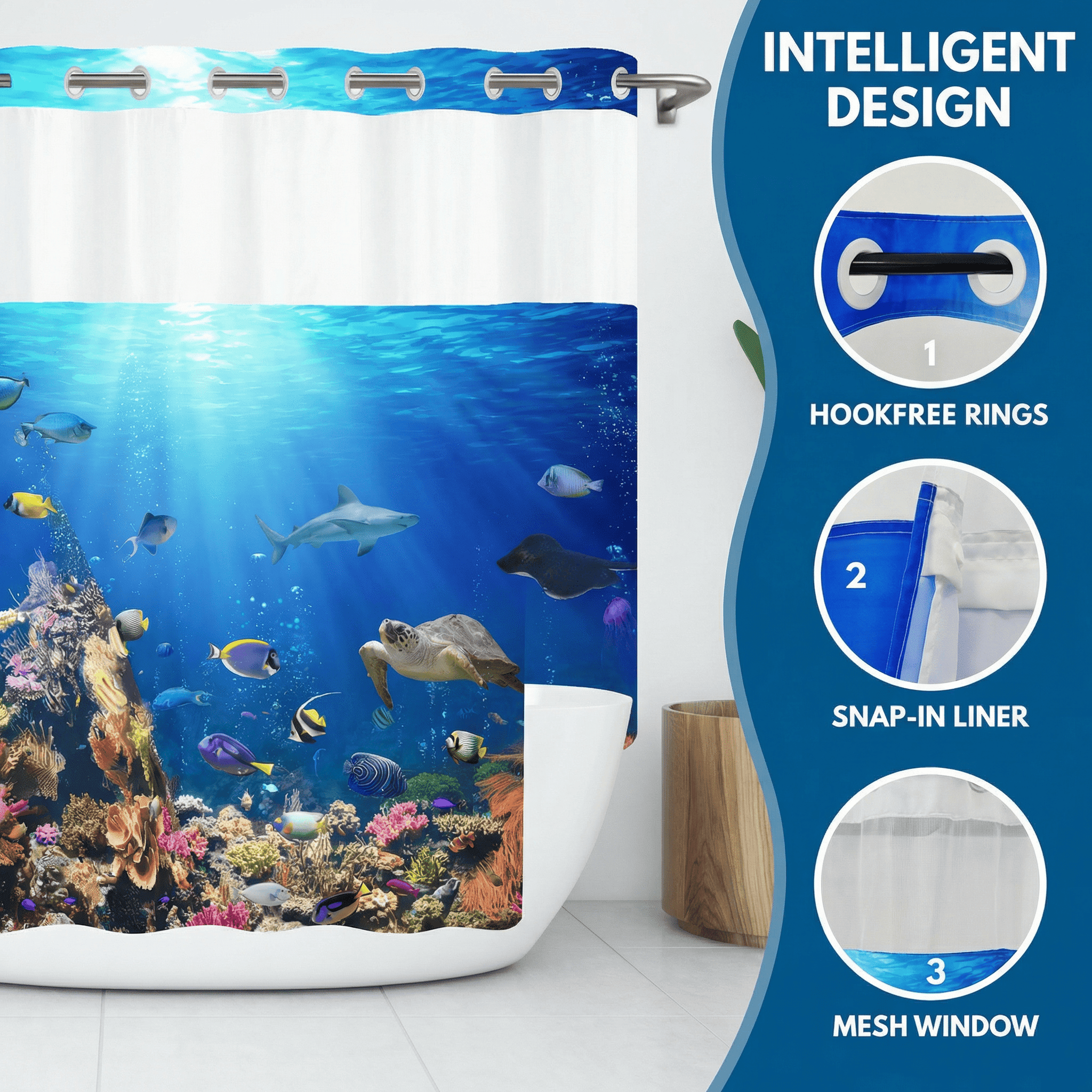 Goodbath No Hook Shower Curtain with Snap in Liner,Underwater Ocean World Sea Life Tropical Fish Turtle Coral Reef Fabric Shower Curtains, Double Layer, Mesh Top Window,71 x74 inches,Bright Blue