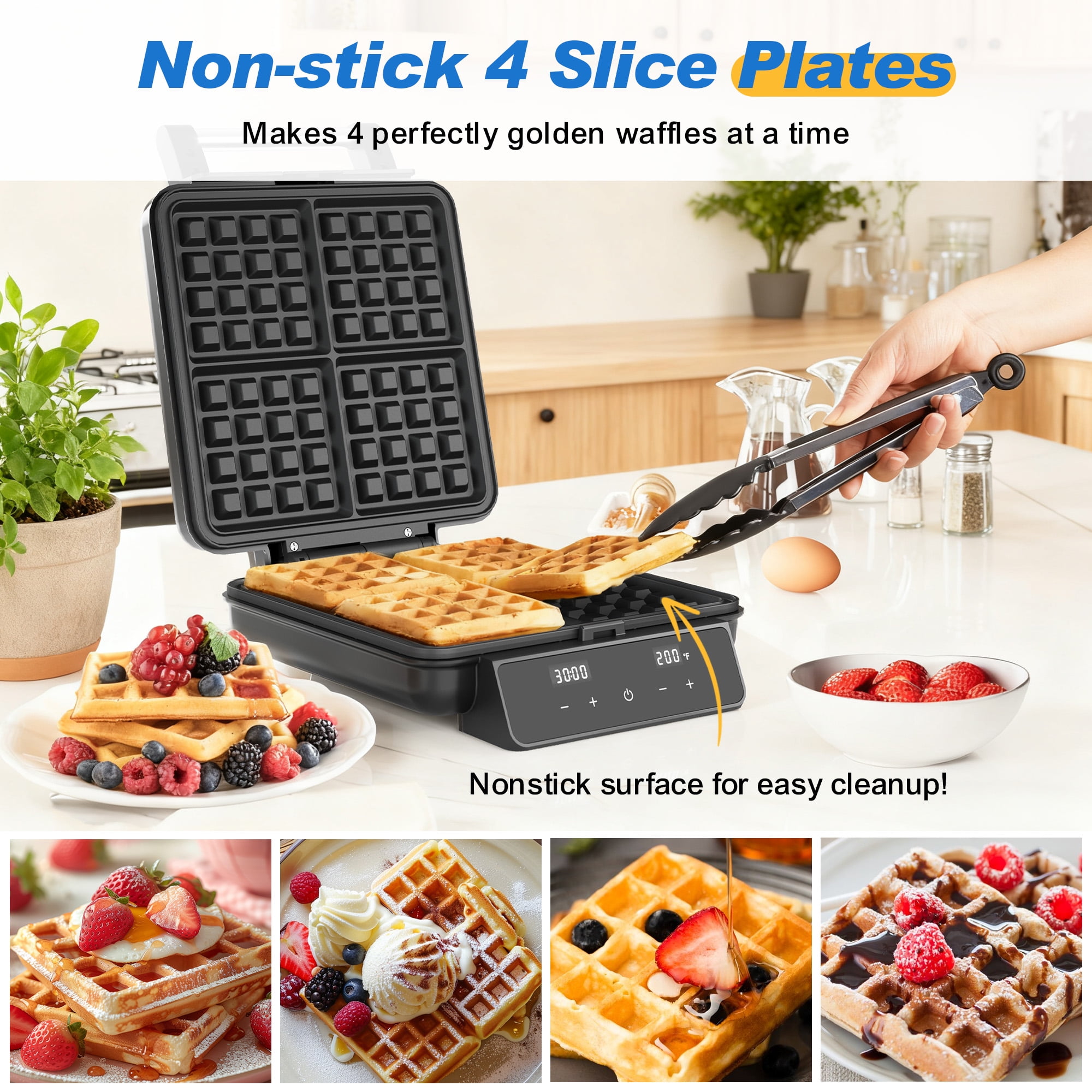Sunvivi 4-Slice Belgian Waffle Maker, 1200W Waffle Iron with LCD Timer, Temp Control & Nonstick Plates, Stainless Steel, Black