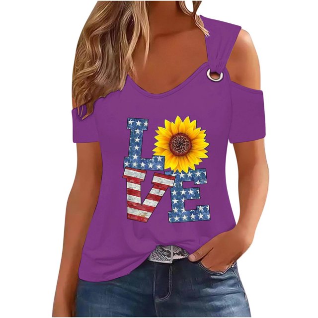 Tops de Hombro Frío para las Mujeres Día de la Independencia Impreso Fuera Del Hombro Blusa con Cuello en V, Fuera Del Hombro de las Mujeres