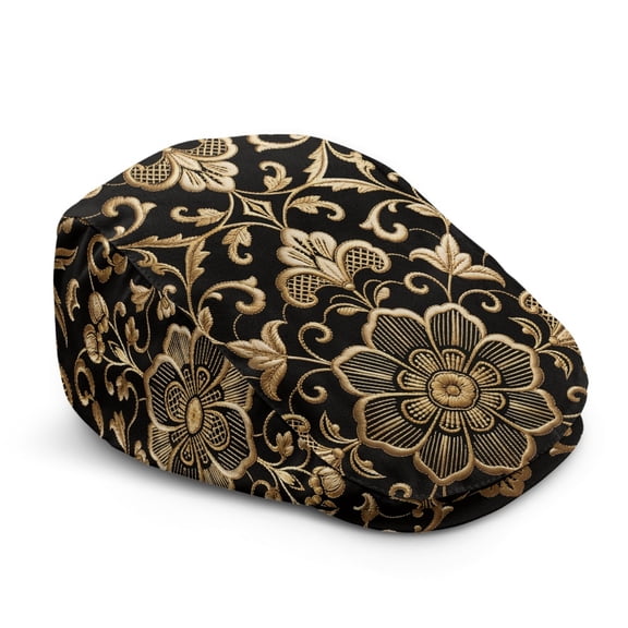 Chririnla Golden Floral Men Forward Flat Cap with Polyester Fabric, Comfortable Retro Sunshade Newsboy Hat for Walking and Driving